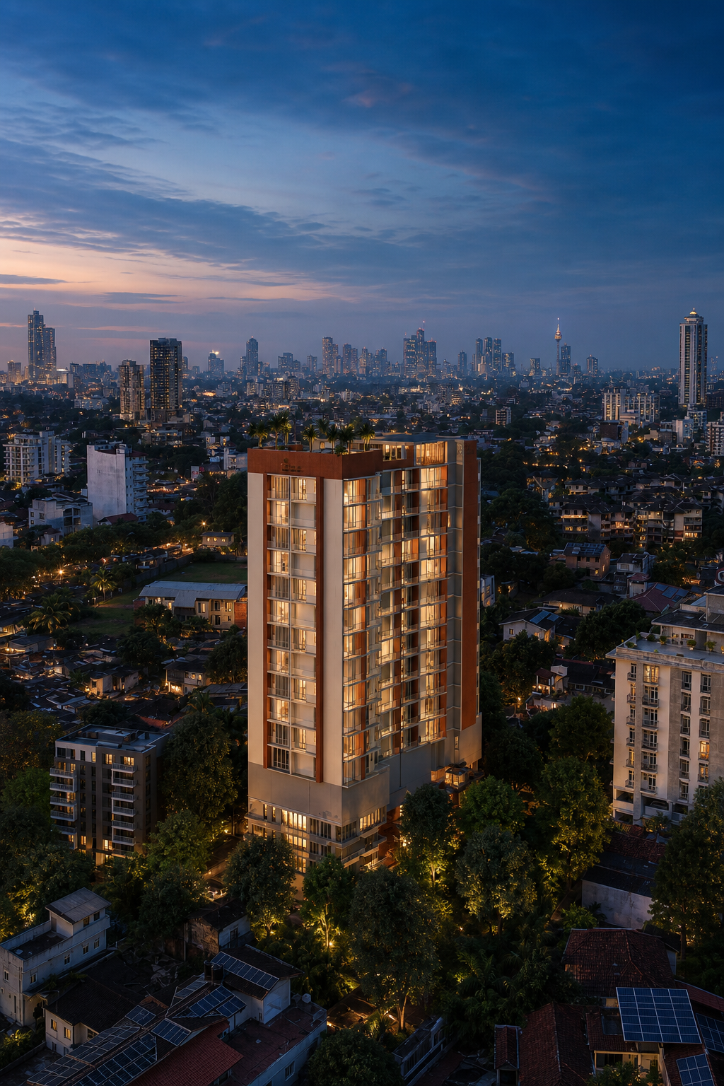 Architectural rendering of Trillium Duplex Residences above the Colombo skyline at blue hour