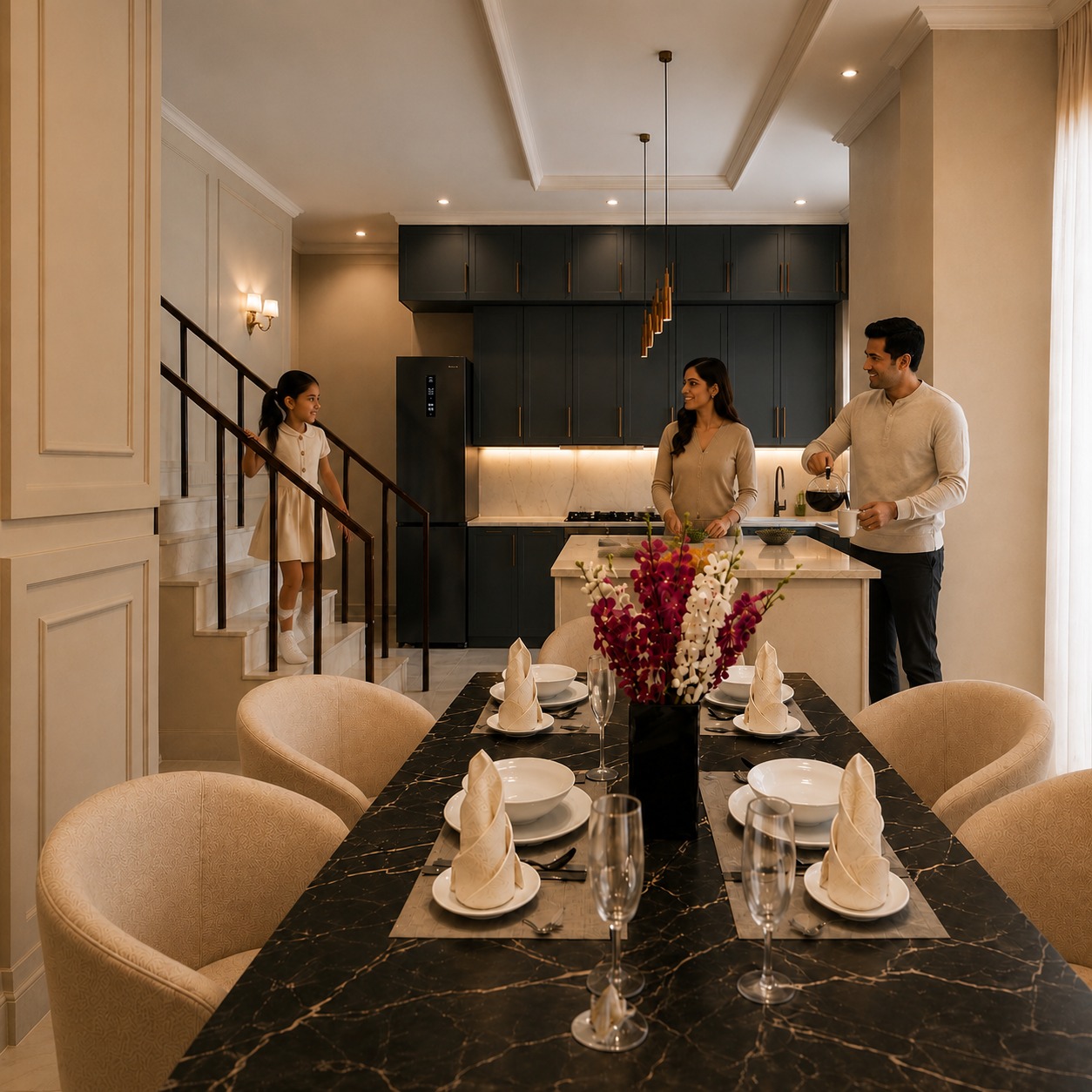 Family kitchen, dining space and private staircase inside a Trillium duplex residence