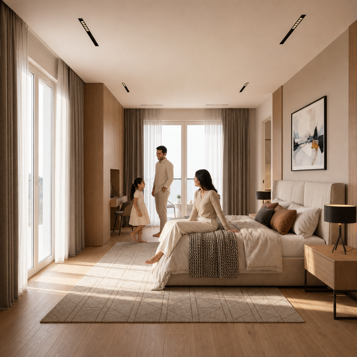 A family together in a finished Trillium duplex bedroom